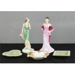 Two Royal Doulton Ladies, a Royal Albert dish, Wedgwood dishes.