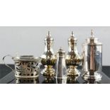 A silver pepper, 1.25toz, silver plated salt and pepper, mustard pot and sauce pot & cover. (4)