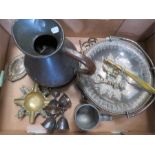 A group of silver plateware, copper and brass, including flagon, letter opener, tankard, footed dish