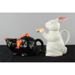 Two teapots, one in the form of a black cat, the other a rabbit.