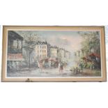 A large oil on canvas, French street scene, indistinctly signed.