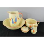 A Myott wash set comprising bowl, jug, chamber pot, soap dish and vase, no 7906.