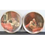 A pair of terracotta Watcombe Torquay 1084 roundel wall plaque, painted with man in the counting