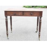 A mahogany 19th century side table, with marble top above two drawers and turned and fluted legs.