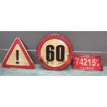 Three metal signs; Warning, 60, and American style number plate.