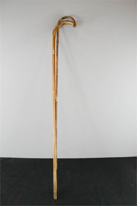 A pair of walking canes with white metal collars.
