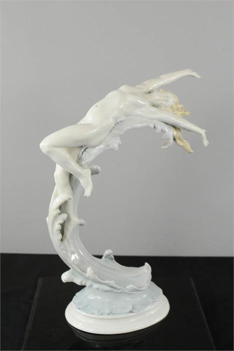 A Kunstporzellane Metzler & Ortloff porcelain figure of a woman on the crest of a wave, 35cm high. - Image 2 of 3