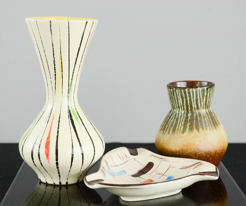 Three West German pottery examples; circa 1960, including dish and two bud vases, the tallest 18cm