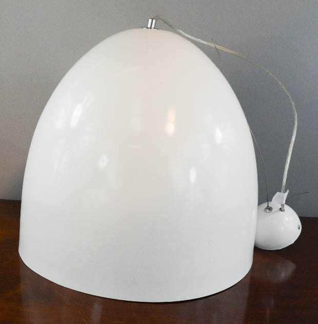 A white domed ceiling light with silvered interior and cut glass drops within.