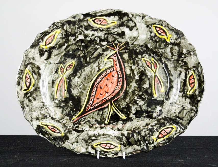 A Studio pottery hand painted folk art platter, bird and fish design on a Victorian plate.