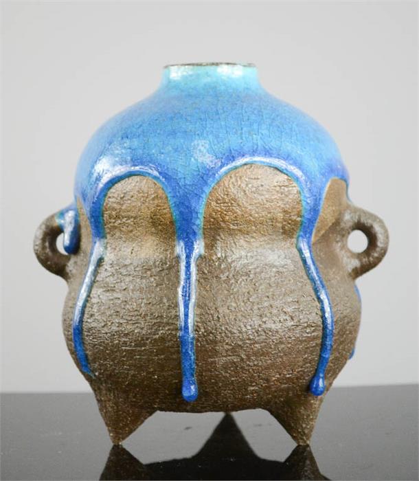 A 1960s pottery vase, with stoneware glazed body, twin hoop handles and turquoise 'dripping'