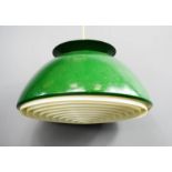 A Danish green enamelled pendant light.