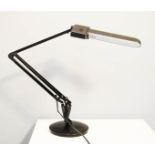 A black table lamp with angle adjustable head and arm.