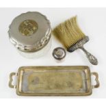 A silver box IHS to the lid, silver embossed crumb brush circa 1900, a jar with silver plated lid