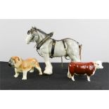 A ceramic shirehorse 28cm high, bull dog and cow.