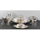 A quantity of silver plateware including tureen & cover, tea set comprising coffee pot, water, sugar