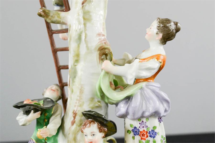 A Meissen 20th century figure group of young children playing in an apple tree, blue crossed sword - Image 3 of 6