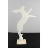 A garden hare ornament, white patinated metal, 47cm high, silhouette cut, raised on a ball and