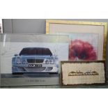 Three pictures; Mercedes Benz signed print, floral print and an Egyptian gouache on papyrus.