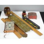 A brass cribbage board, mother of pearl bound bible, rules, papier mache pen stand, Japanese tin box