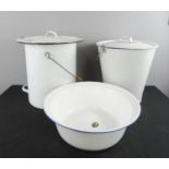 Three enamelled tin buckets and bowl.