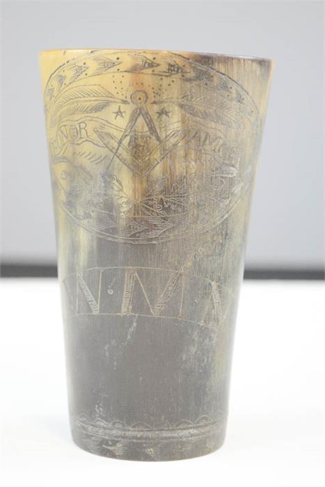 An early 19th century horn beaker, engraved with masonic and other symbols. 11cm high. - Image 2 of 2