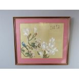 Two Japanese gouache paintings depicting birds amidst flowers, 22 by 32cm and 30 by 36cm.