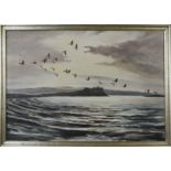 An oil on canvas, birds in flight, unsigned.