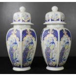 A pair of Italian chinoiserie design Pagoda shaped vases, with panels depicting peacocks and