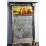 A Victorian wall mirror, of tabernacle form, with painted verre eglomise panel to the top