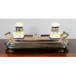 A Victorian inkstand, with floral ceramic inkwells.