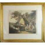 A 19th century hand tinted print, cottage in landscape, signed in pencil.