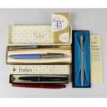 Two boxed Parker pens, some boxed, and other examples.