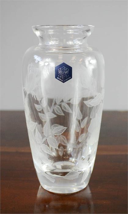 A Stuart crystal vase, etched with roses, together with Sandown park glass and bowl.