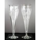 A pair of Edwardian etched bud vases with flared rim, depicting bows.