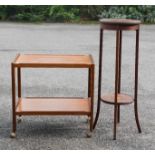 A jardinere stand, mahogany with inlaid detail together with a tea trolley.