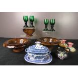 A group of miscellaneous glass and ceramics including a set of four green wine glasses, and