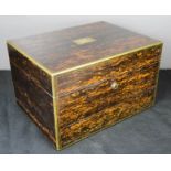 A burr coromandel dressing box with plaque to the top; R.E Hurstle with chased design and fitted