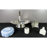 A group of silver plate ware including a tea pot, basket, cruet set, Wedgwood pot etc.