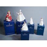 Three small and two large Royal Doulton ladies, in original boxes.