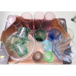 A group of coloured glasses, bowl, vase etc.