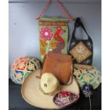 A group of Spanish hats, cushions, handbags, tapestry and game.