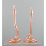 A pair of Czechoslovakian glass snake bud vases / ornaments, hand blown, circa 1950.