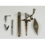 Victorian silver implements, some from a chatelaine; pair of silver cotton pickers, a pen,