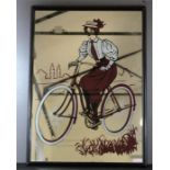 A French wall mirror depicting woman riding a bicycle.