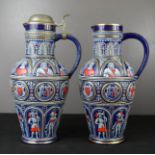 A German pottery jug and matching jug and cover, stoneware with blue glaze, depicting knights and