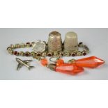 A pair of drop earrings, two thimbles, bracelet etc.