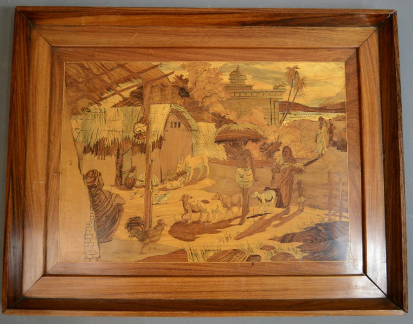 A marquetry inlaid wooden picture, specimen woods.