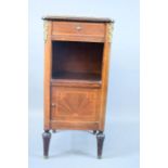 A French bedside table in kingwood, with marble top, and single drawer.