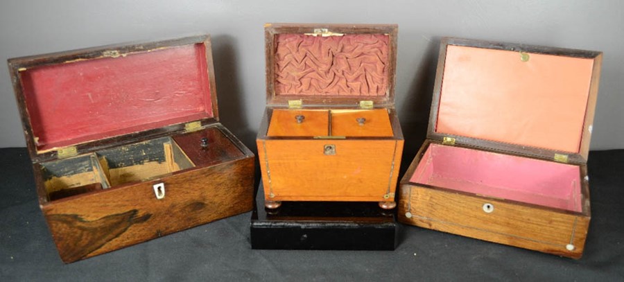 A group of three 19th century boxes, one mahogany work box, a rosewood and a satinwood tea caddy. - Image 2 of 2